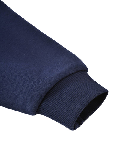 Kids fleece crewneck, navy, ribbed sleeve cuff with folded hem detail