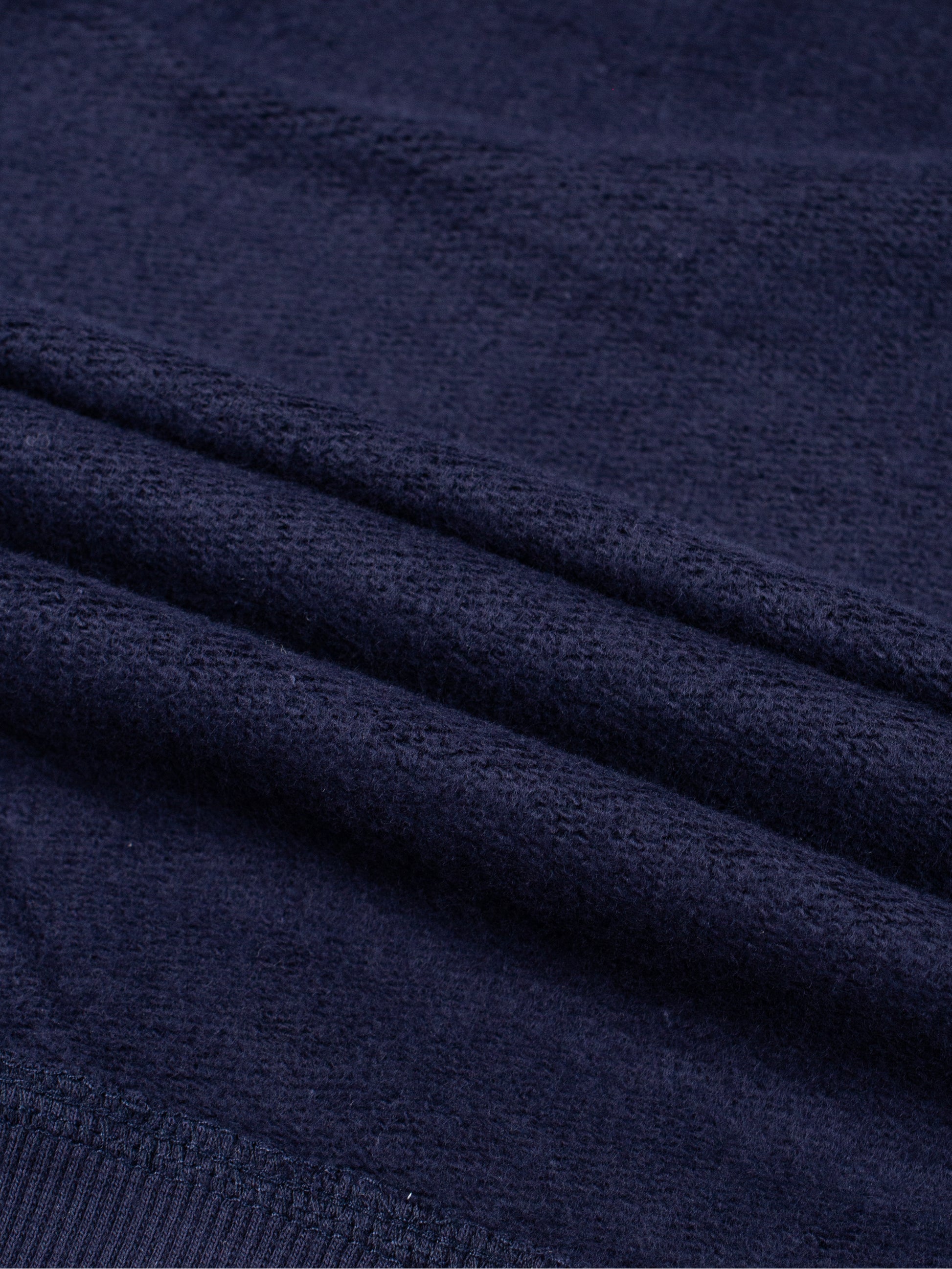 Kids fleece crewneck, navy fleece with seam and knit texture close-up