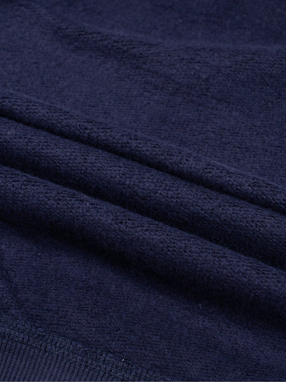 Kids fleece crewneck, navy fleece with seam and knit texture close-up