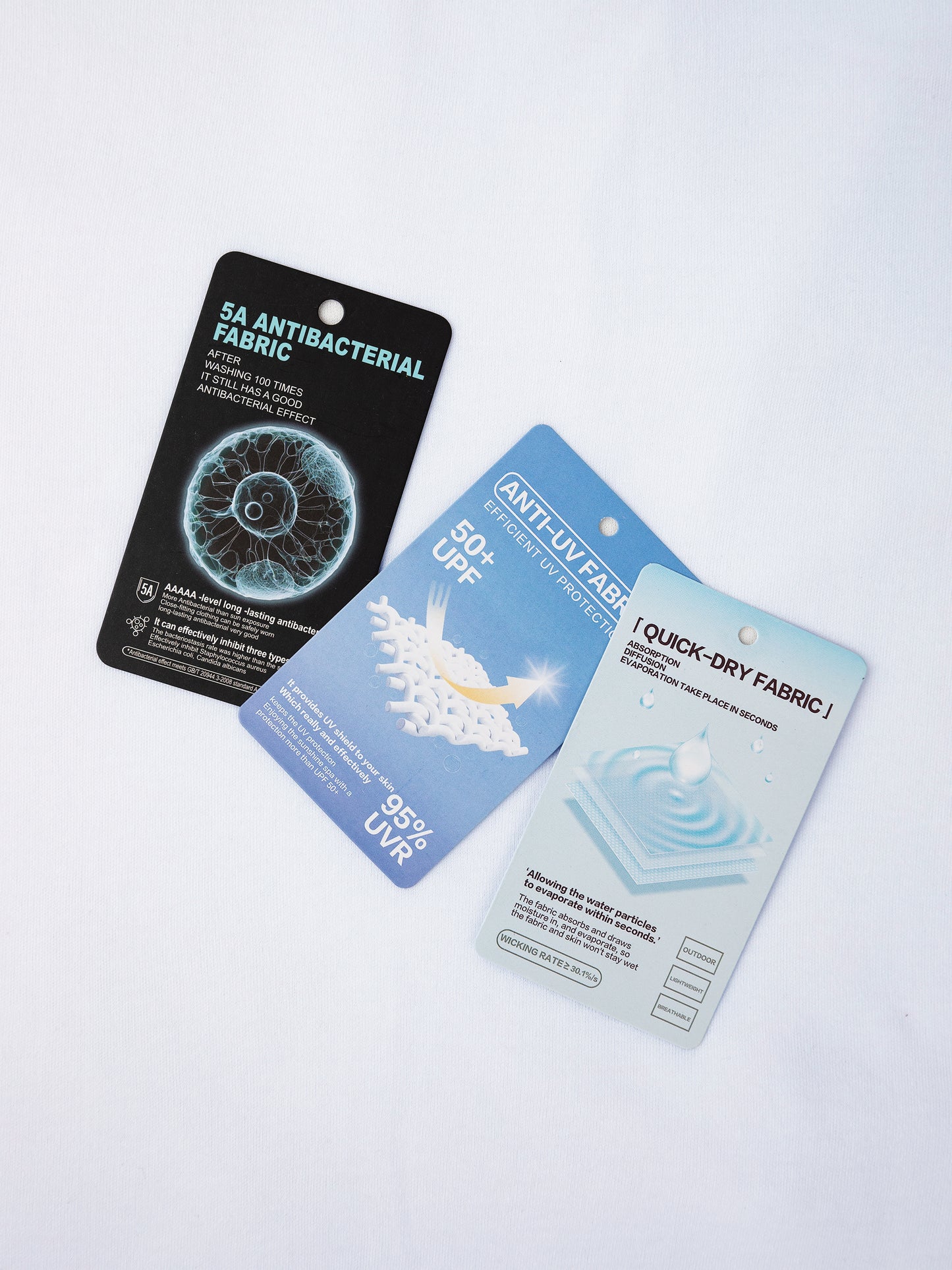 Fabric feature cards for jacket: antibacterial, UV protection, quick-dry