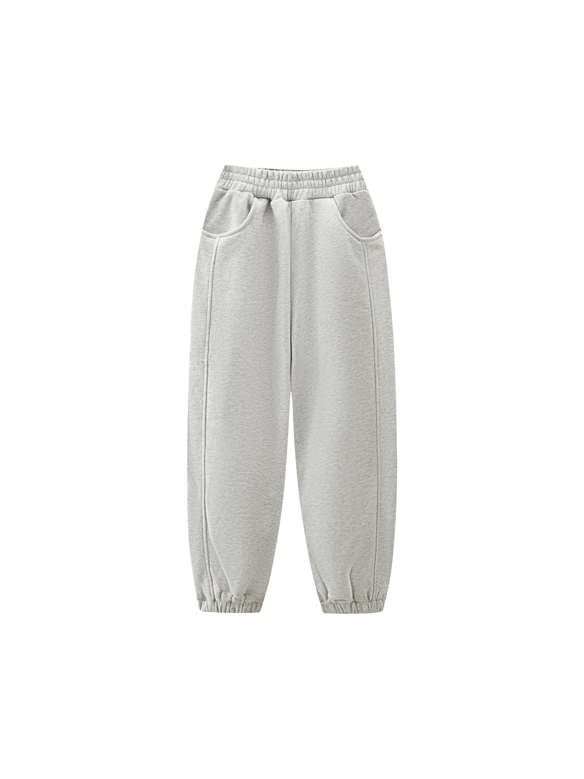 Kids fleece jogger in light gray, elastic waistband with cuffed legs, front/side view