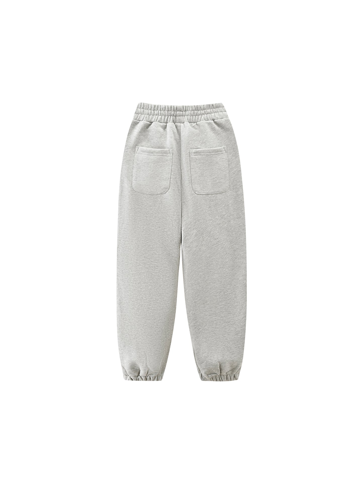 Kids fleece jogger in light gray with elastic waistband and side pockets, cuffed hem