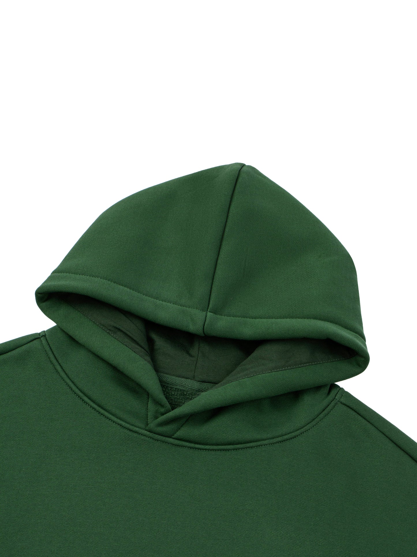 Kids fleece hoodie, green, hood close-up with front neckline