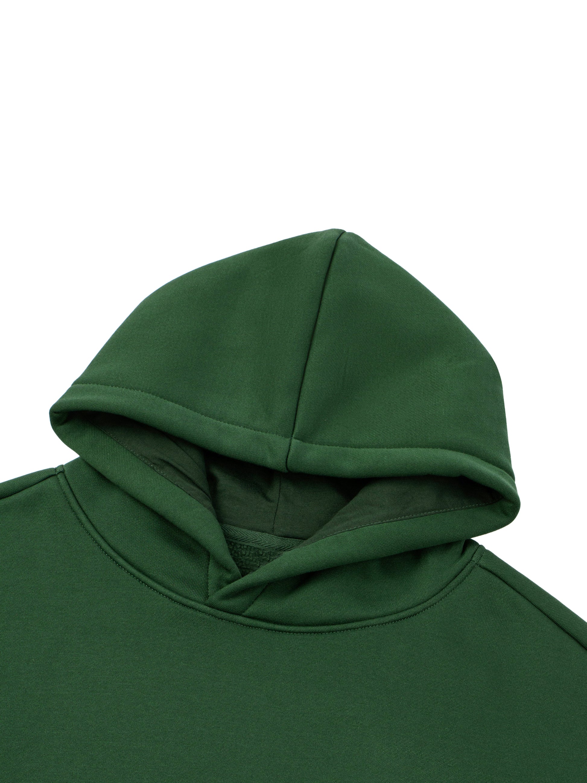 Kids fleece hoodie, green, hood close-up with front neckline