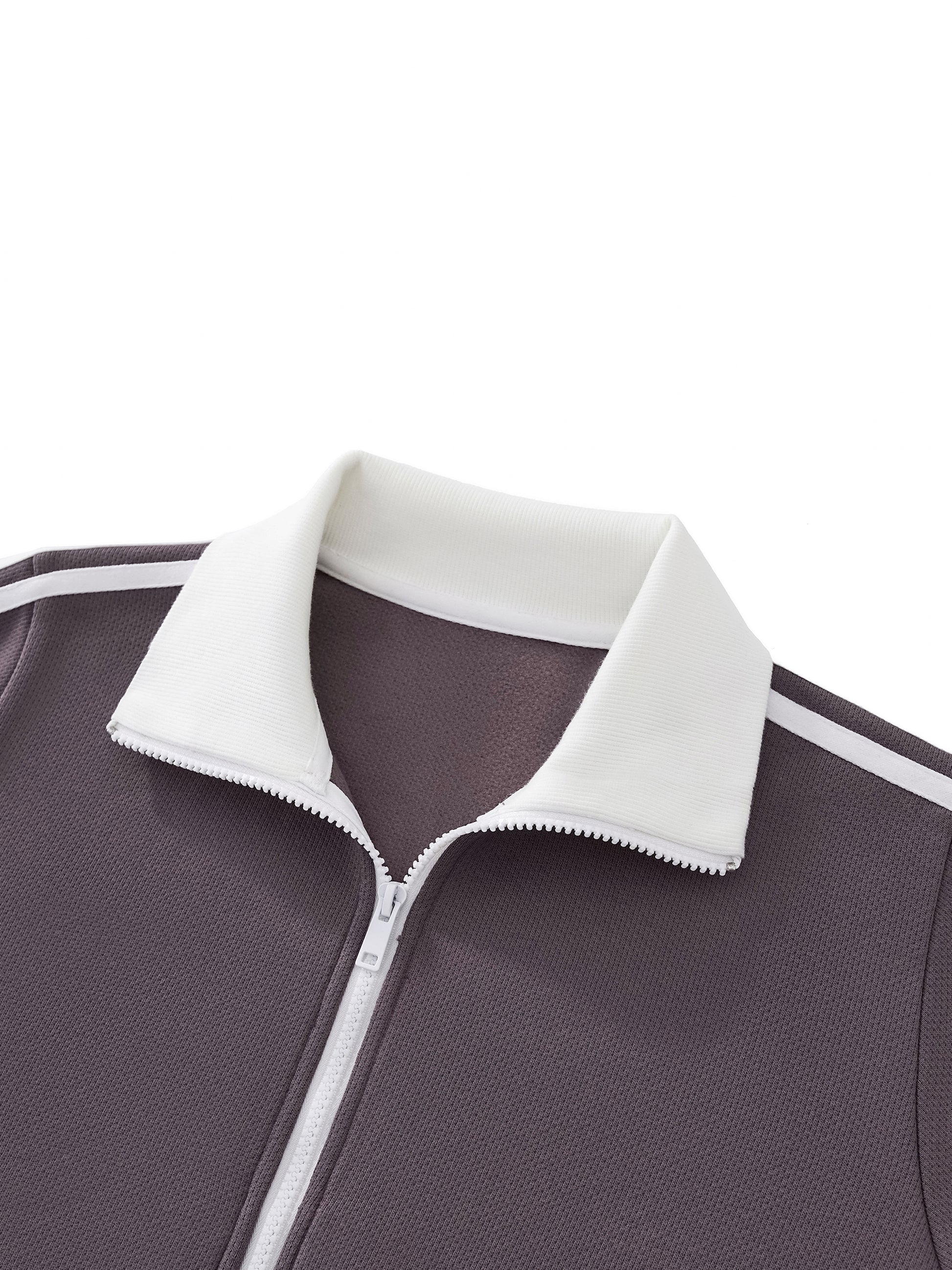 Purple cropped track jacket collar with white zipper placket and contrast stripes