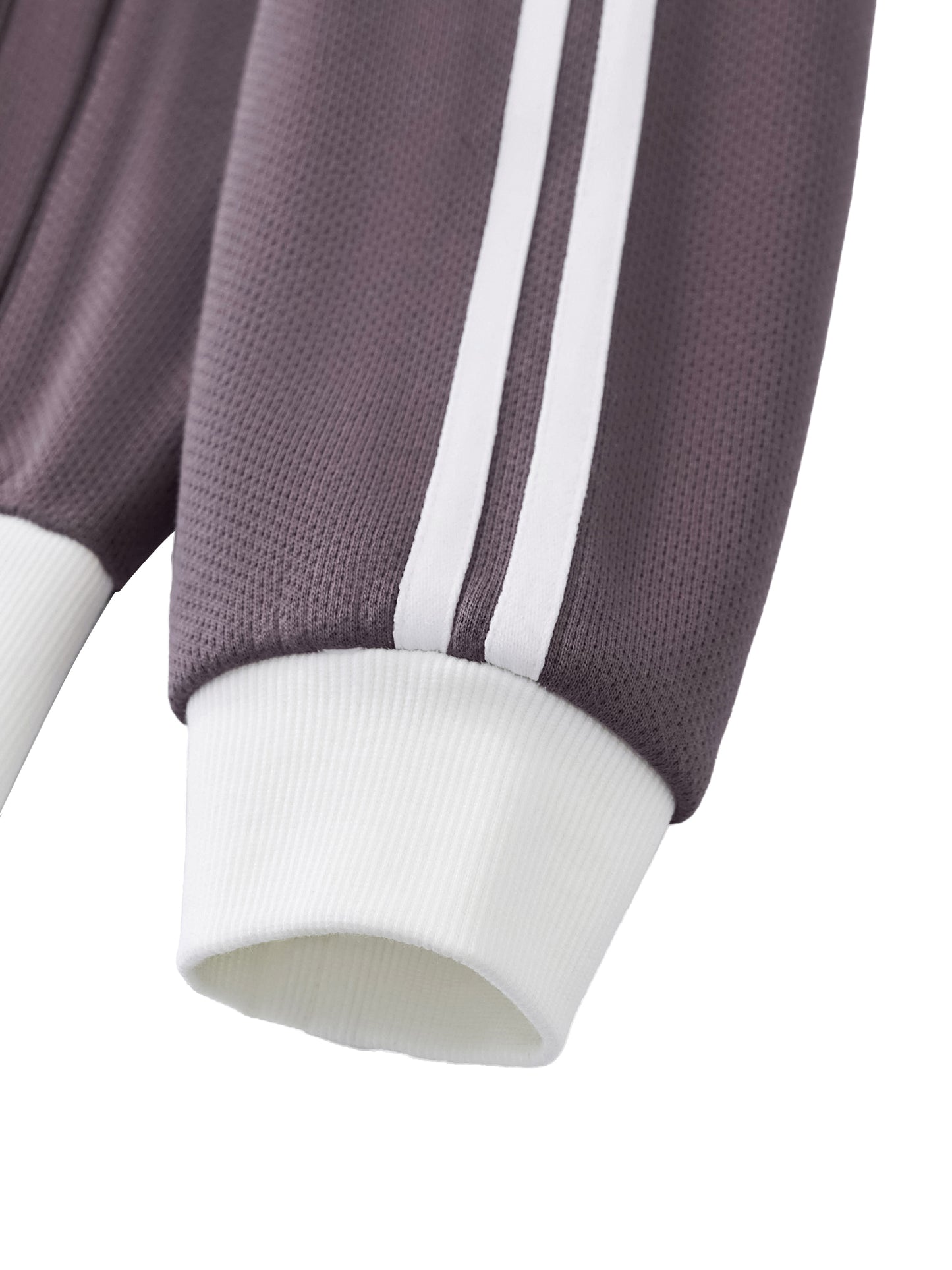 Purple cropped track jacket sleeve cuff with white rib knit and contrast stripe trim