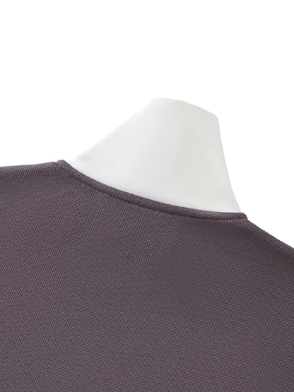 Cropped track jacket collar and neckline with ribbed dark purple knit
