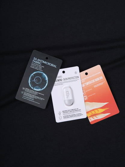 Kids fleece hoodie, dark fabric with product information hang tags