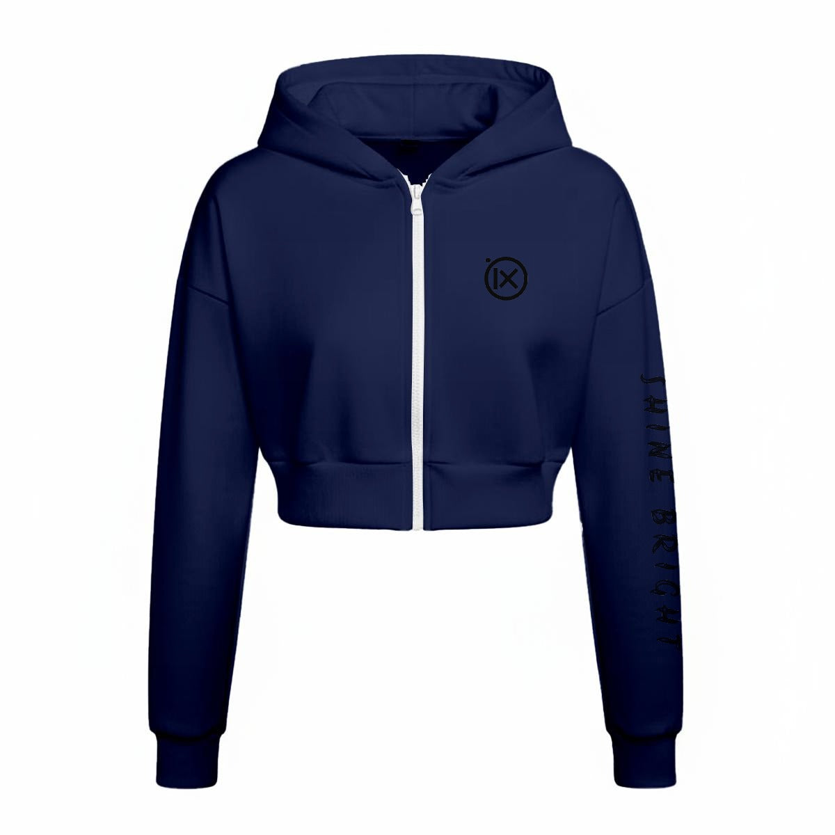 Navy fleece zip hoodie with hood, white zipper, ribbed cuffs, and logo on sleeve.