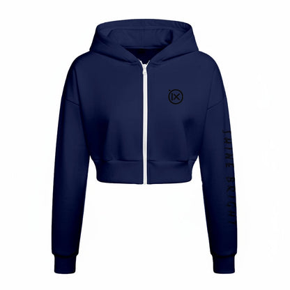Navy fleece zip hoodie with hood, white zipper, ribbed cuffs, and logo on sleeve.