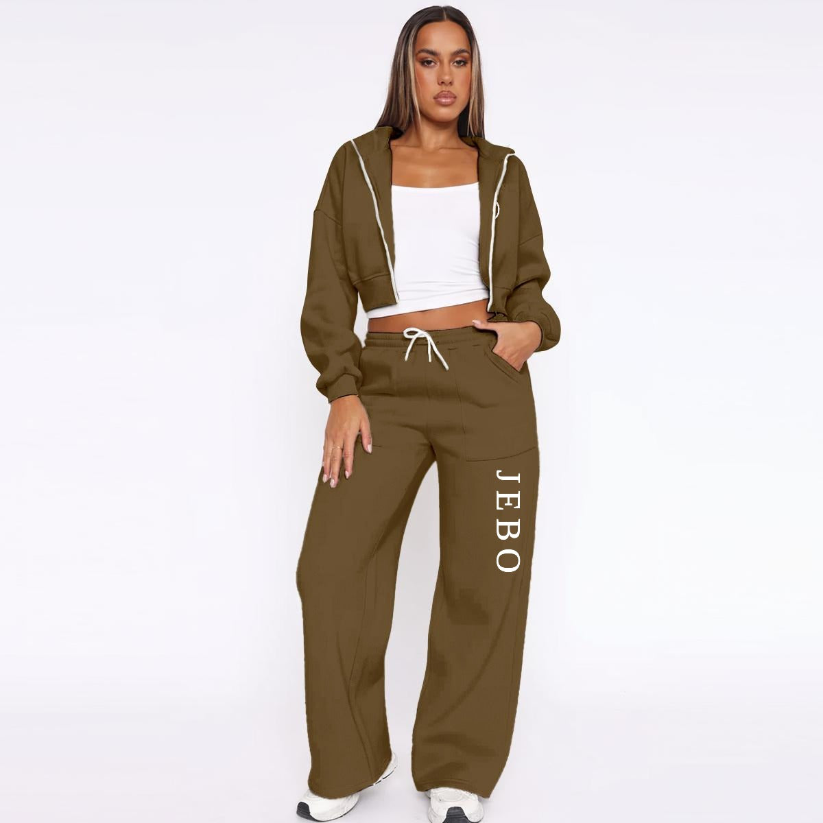 Women's fleece tracksuit, olive zip hoodie and wide-leg drawstring pants