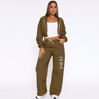Women's fleece tracksuit, olive zip hoodie and wide-leg drawstring pants