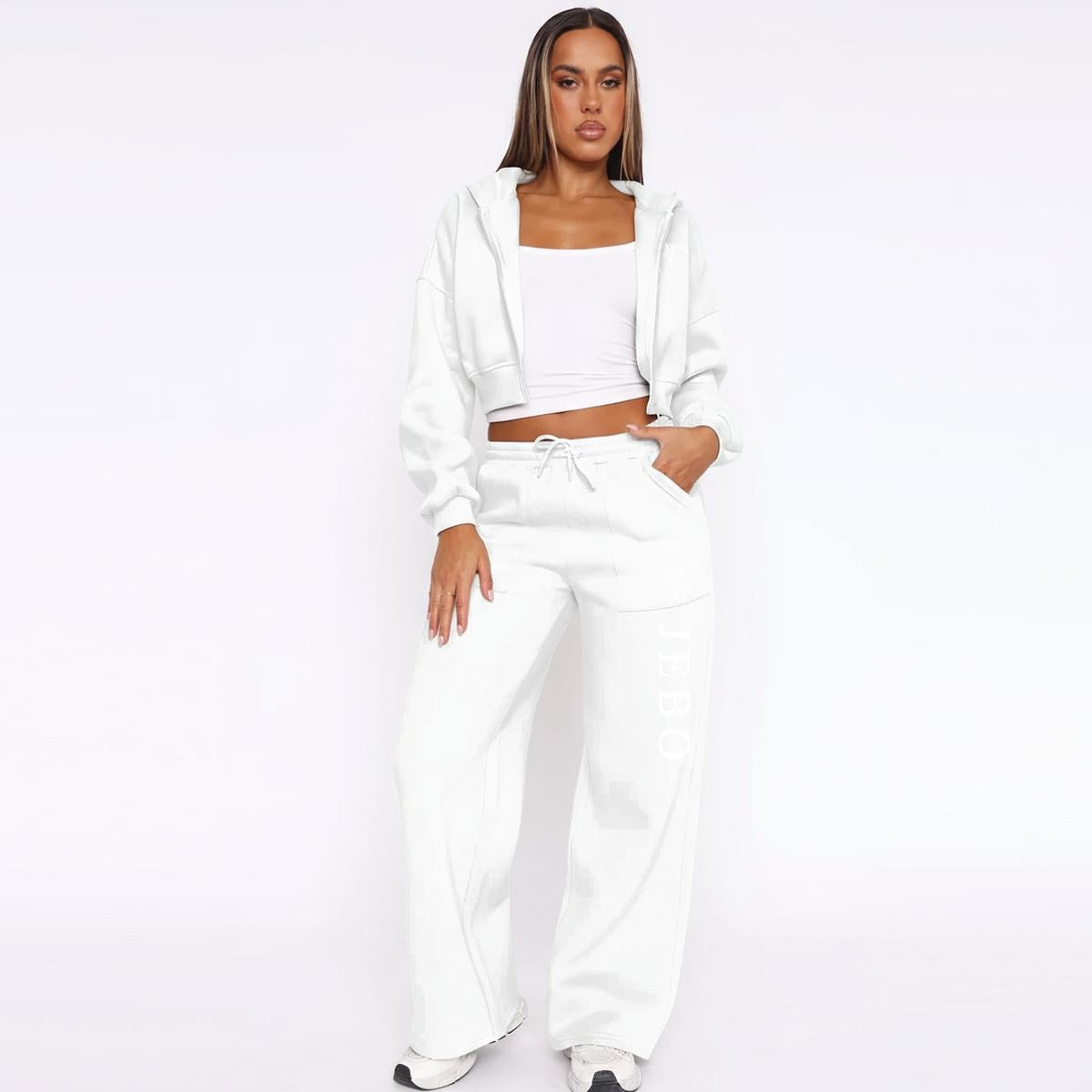 White fleece zip hoodie and wide-leg sweatpants set, drawstring waist, front view