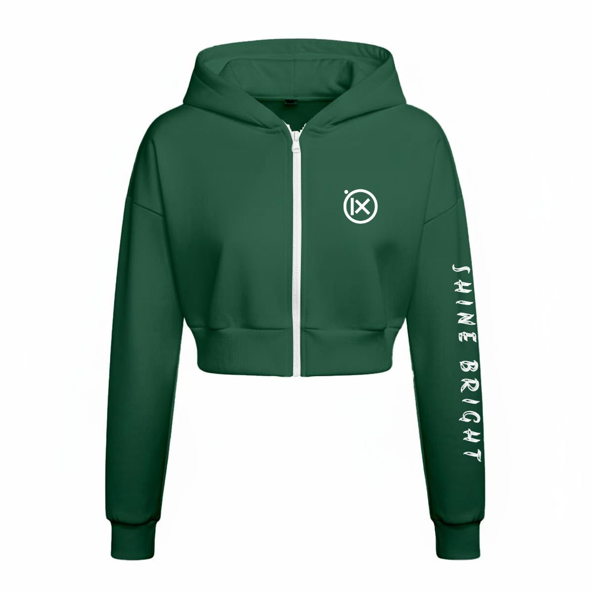 Fleece tracksuit zip hoodie, dark green with hood, front zipper, and side logo