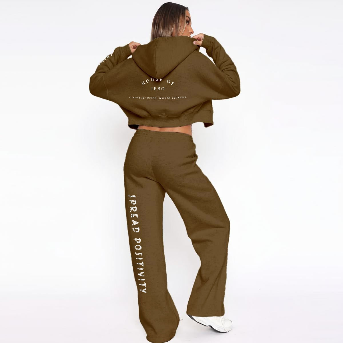 Women's fleece tracksuit, olive cropped hoodie and wide-leg jogger pants