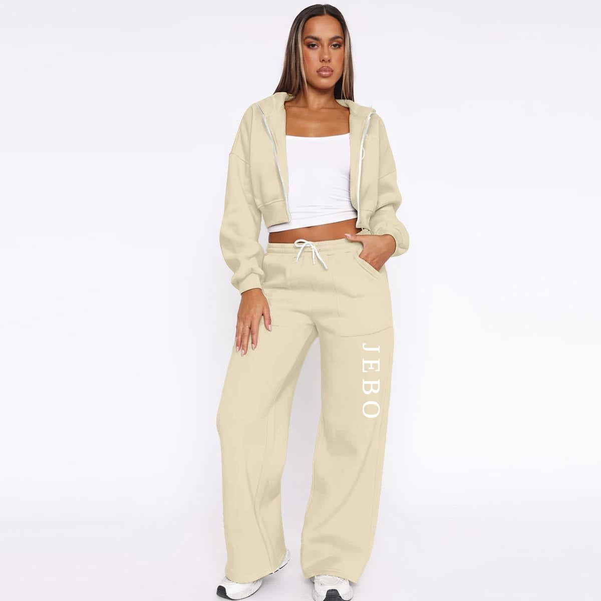 Beige fleece zip-up hoodie and wide-leg sweatpants set, front view