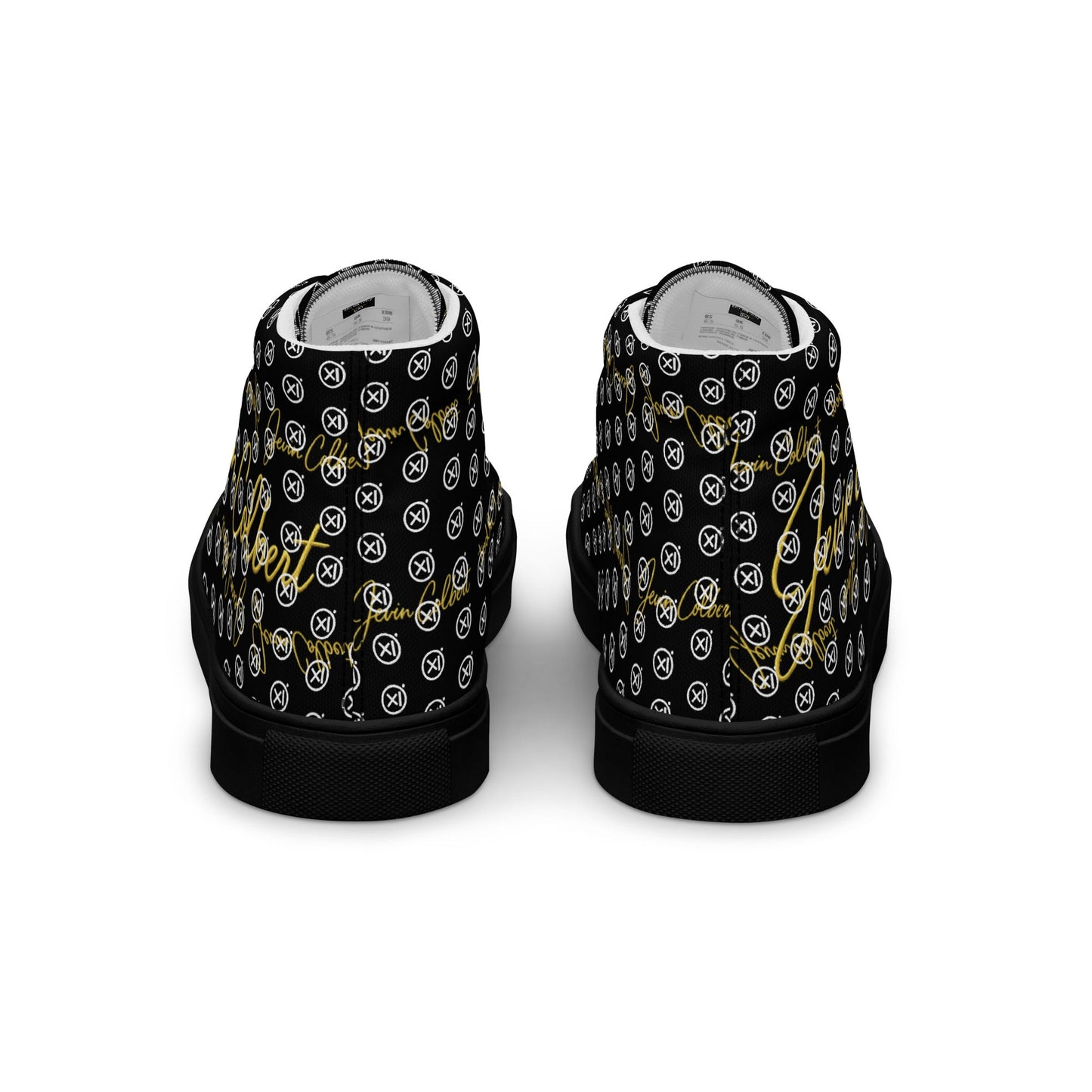 High-top canvas sneakers, black monogram print, white lining, thick black rubber sole.