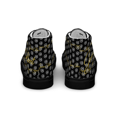 High-top canvas sneakers, black monogram print, white lining, thick black rubber sole.