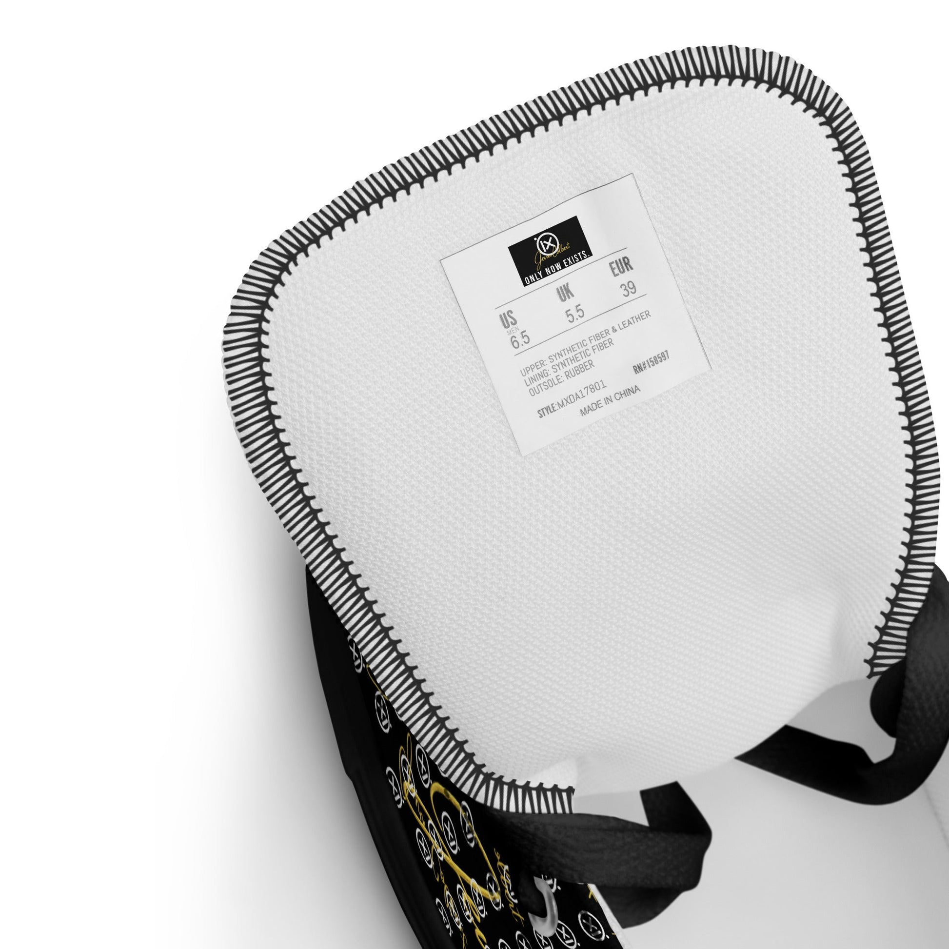 Black high-top sneaker heel and outsole view with monogram lining and size tag.