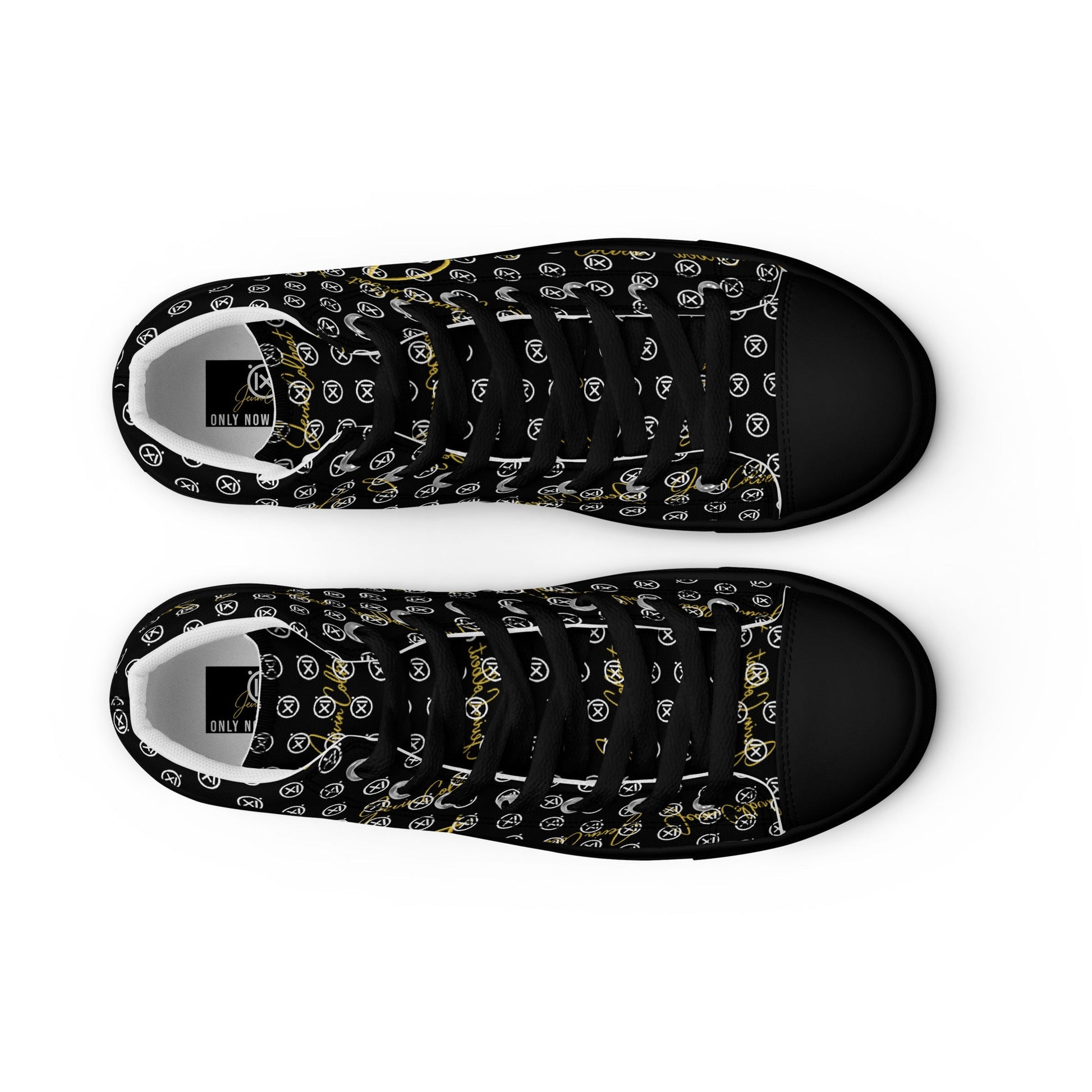 High-top canvas sneakers, black monogram print, black laces, white insole detail, rubber toe cap.