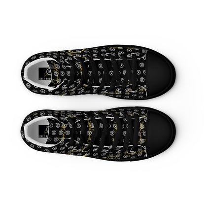 High-top canvas sneakers, black monogram print, black laces, white insole detail, rubber toe cap.