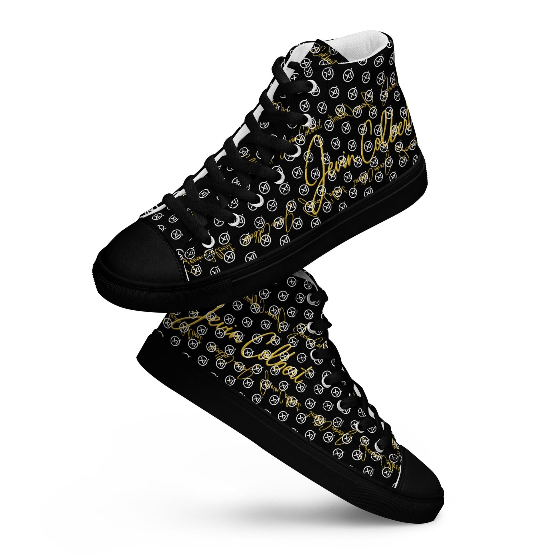 Black high-top canvas sneaker angled view with repeating monogram print and lace-up top.