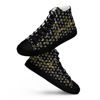 Black high-top canvas sneaker angled view with repeating monogram print and lace-up top.