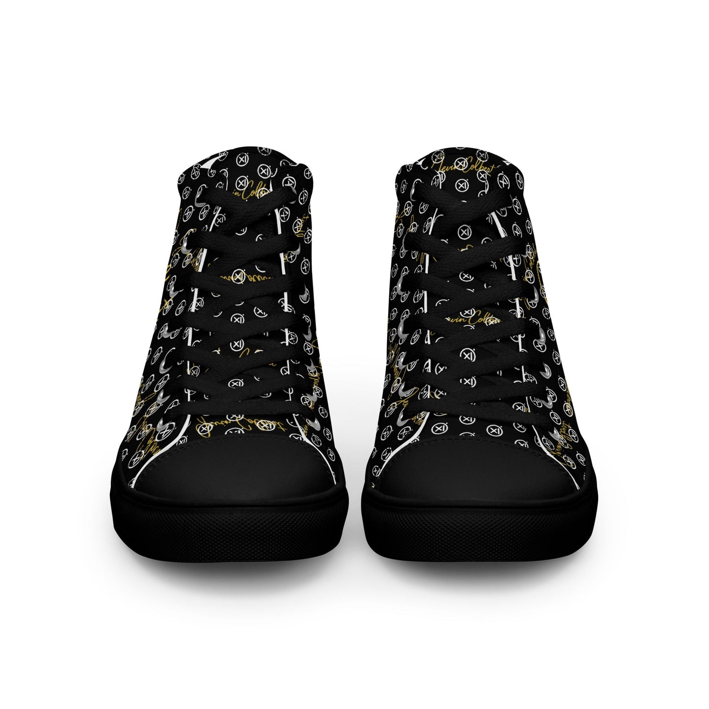Pair of high-top canvas sneakers with black monogram print, rounded toe, black lace-up.