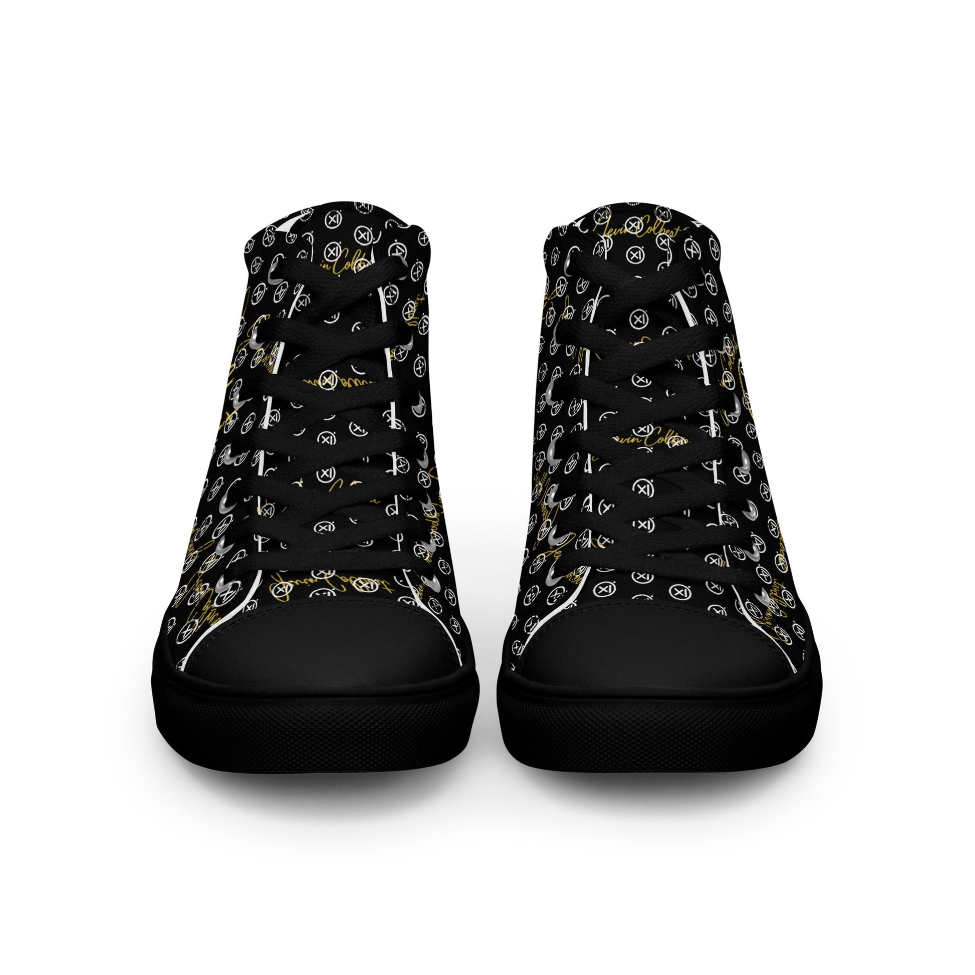 Pair of high-top canvas sneakers with black monogram print, rounded toe, black lace-up.