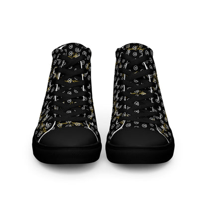 Pair of high-top canvas sneakers with black monogram print, rounded toe, black lace-up.