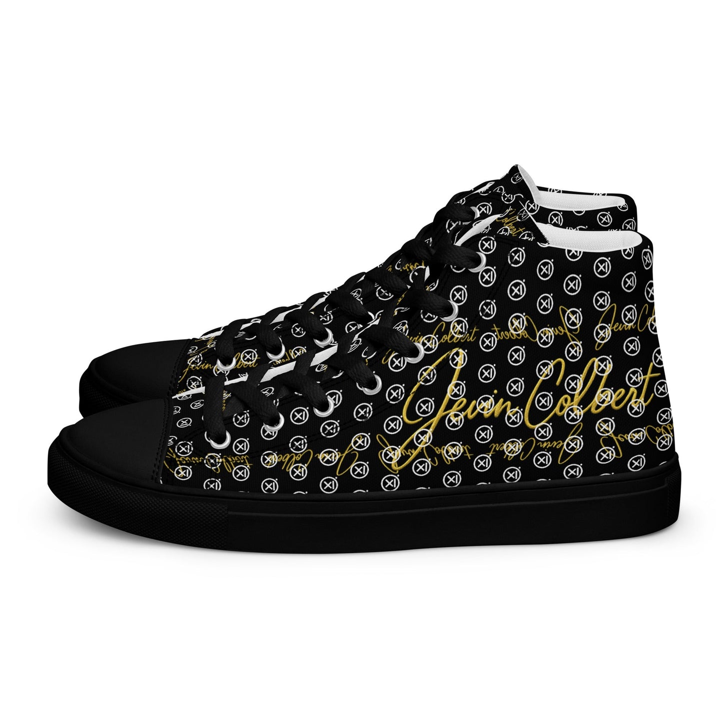 High-top canvas sneakers, black monogram print with gold accents, lace-up front, black sole.