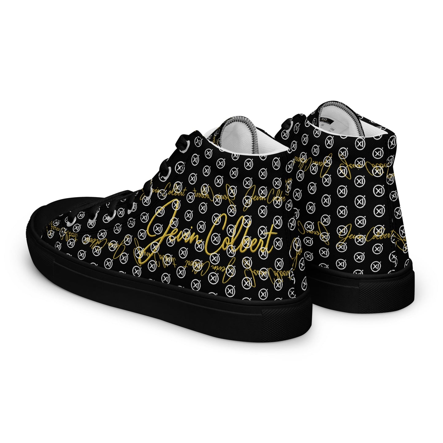High-top canvas sneakers with black monogram print, black laces, white collar lining, rubber sole.