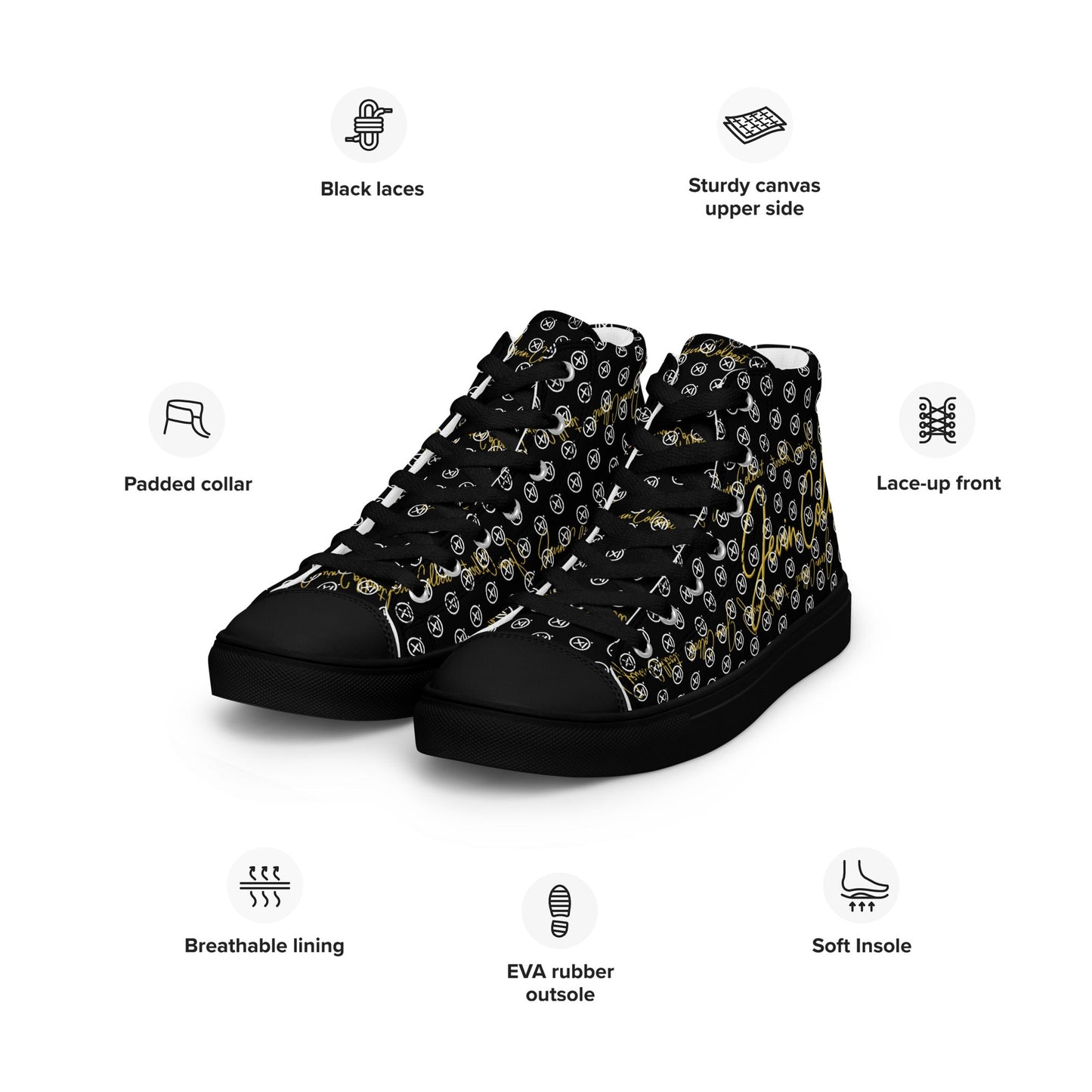 High-top canvas sneakers with black laces, padded collar, breathable lining, EVA rubber outsole.