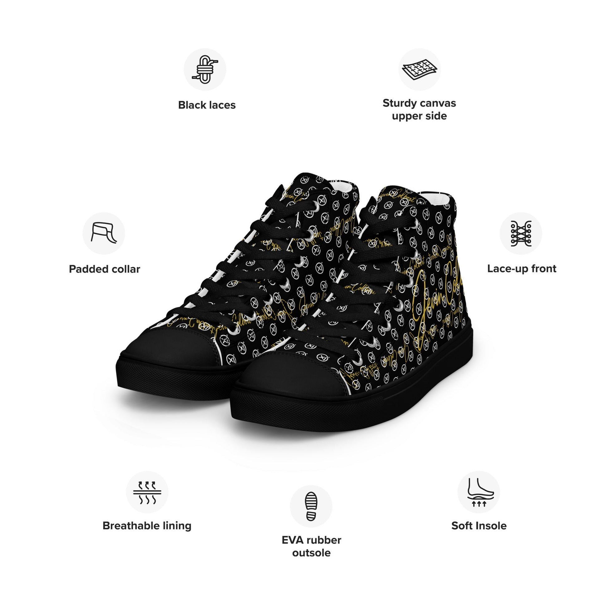 High-top canvas sneakers with black laces, padded collar, breathable lining, EVA rubber outsole.