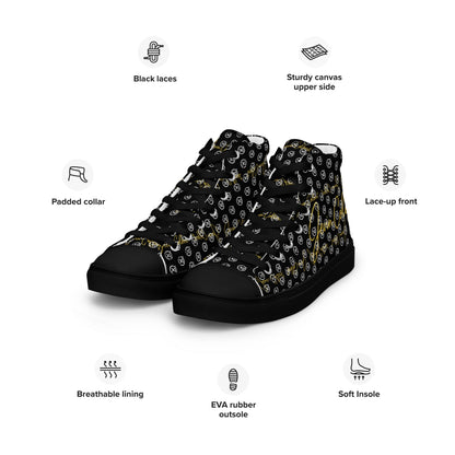High-top canvas sneakers with black laces, padded collar, breathable lining, EVA rubber outsole.