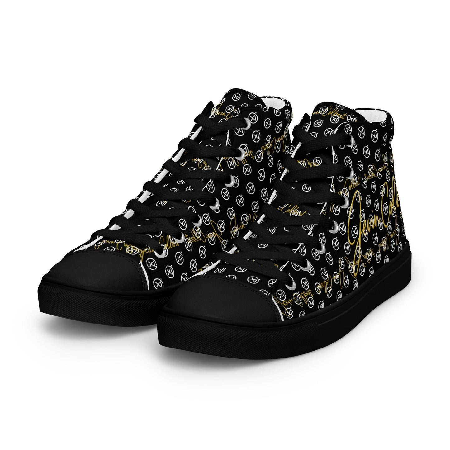 High-top canvas sneakers with black monogram print, black lace-up front, cushioned toe cap.