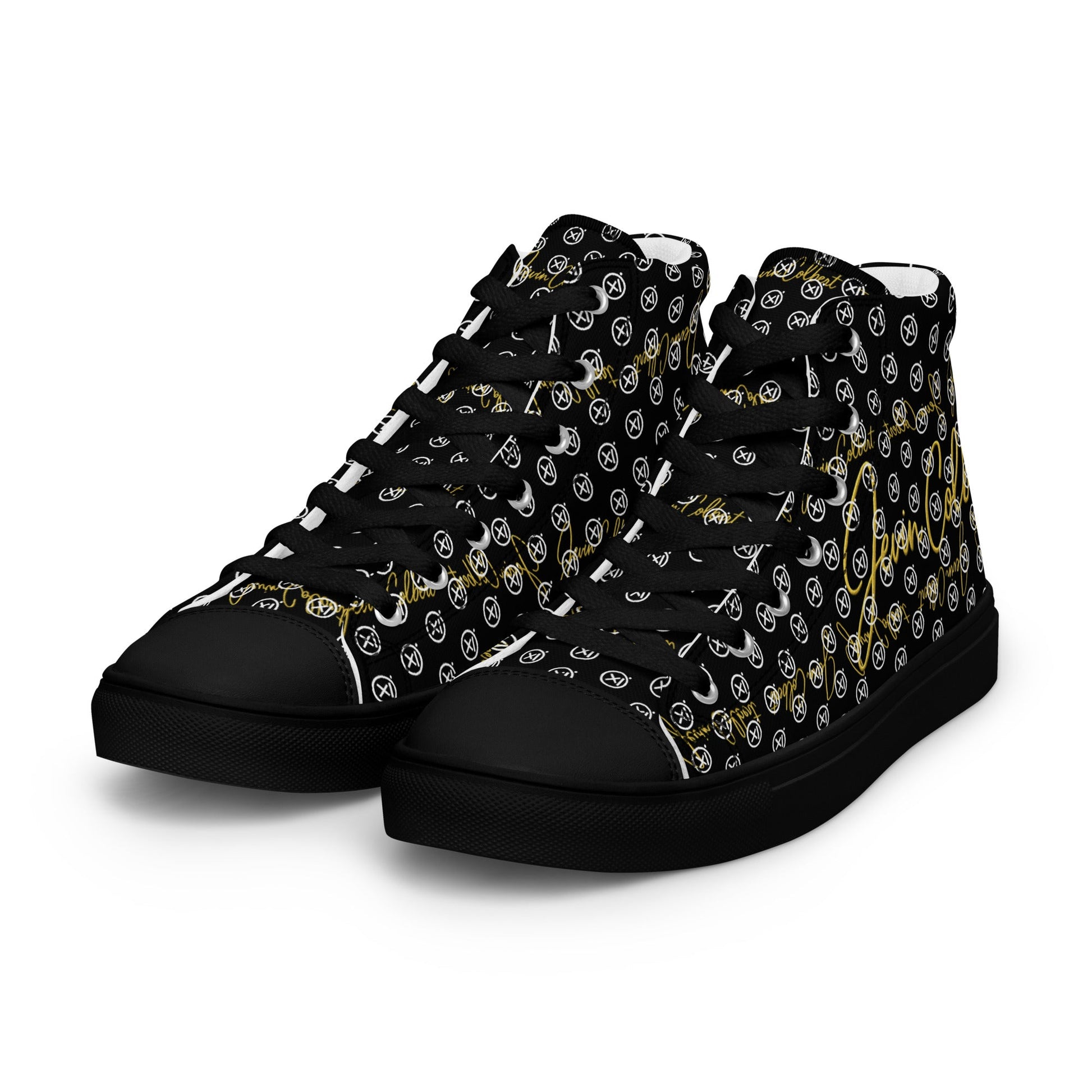 High-top canvas sneakers with black monogram print, black lace-up front, cushioned toe cap.