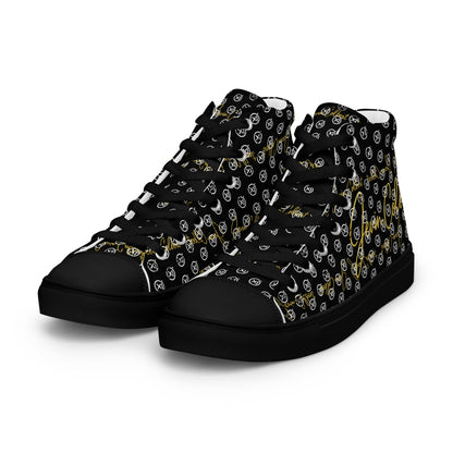 High-top canvas sneakers with black monogram print, black lace-up front, cushioned toe cap.