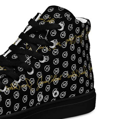 Black high-top sneaker upper close-up showing laces and repeating monogram icons.