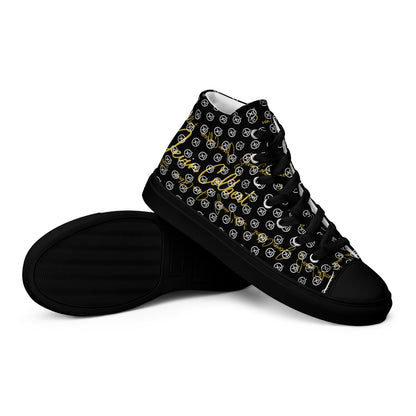 Black high-top canvas sneaker with monogram print, lace-up closure, and side profile.