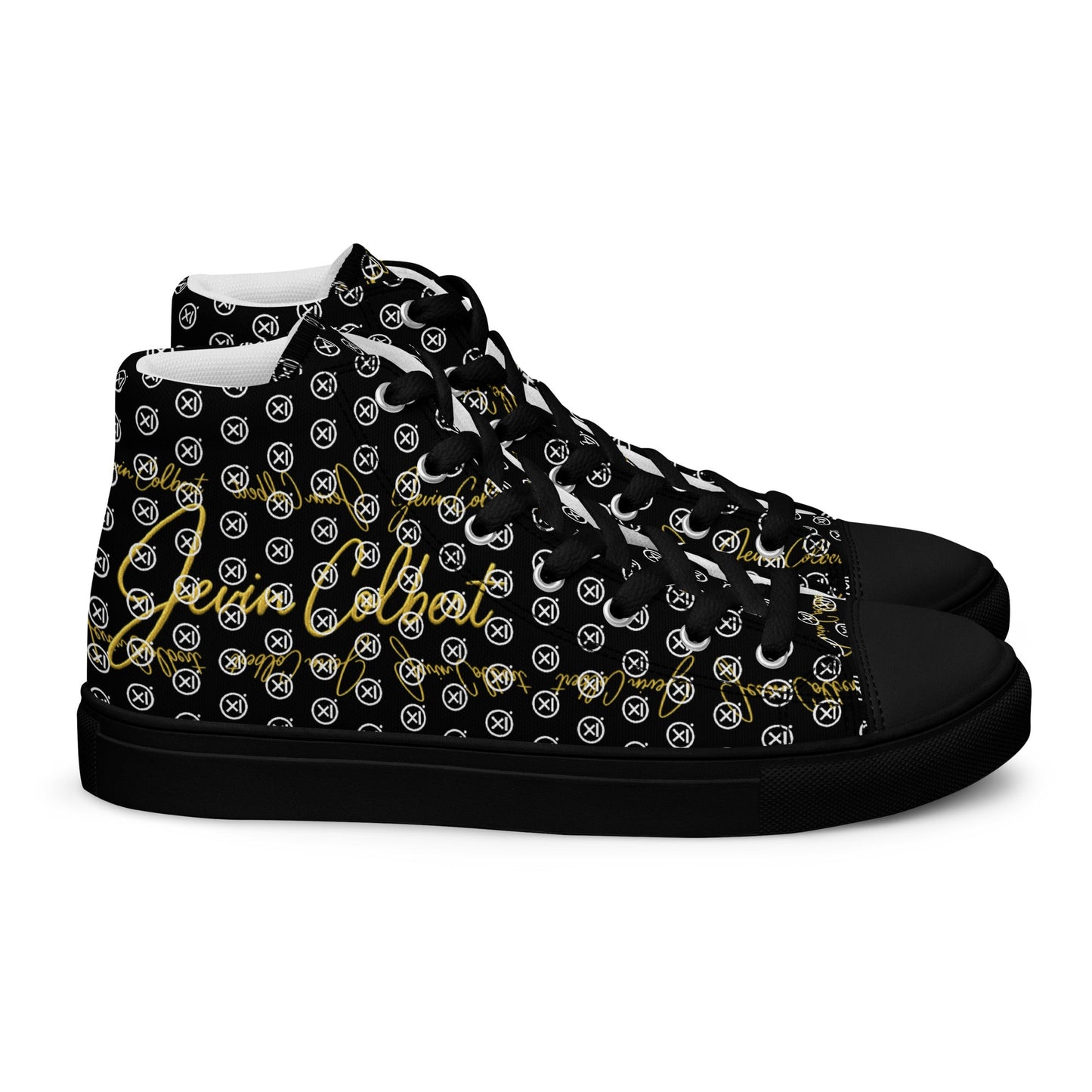 High-top canvas sneakers with black monogram print, black lace-up, padded collar, black rubber sole.