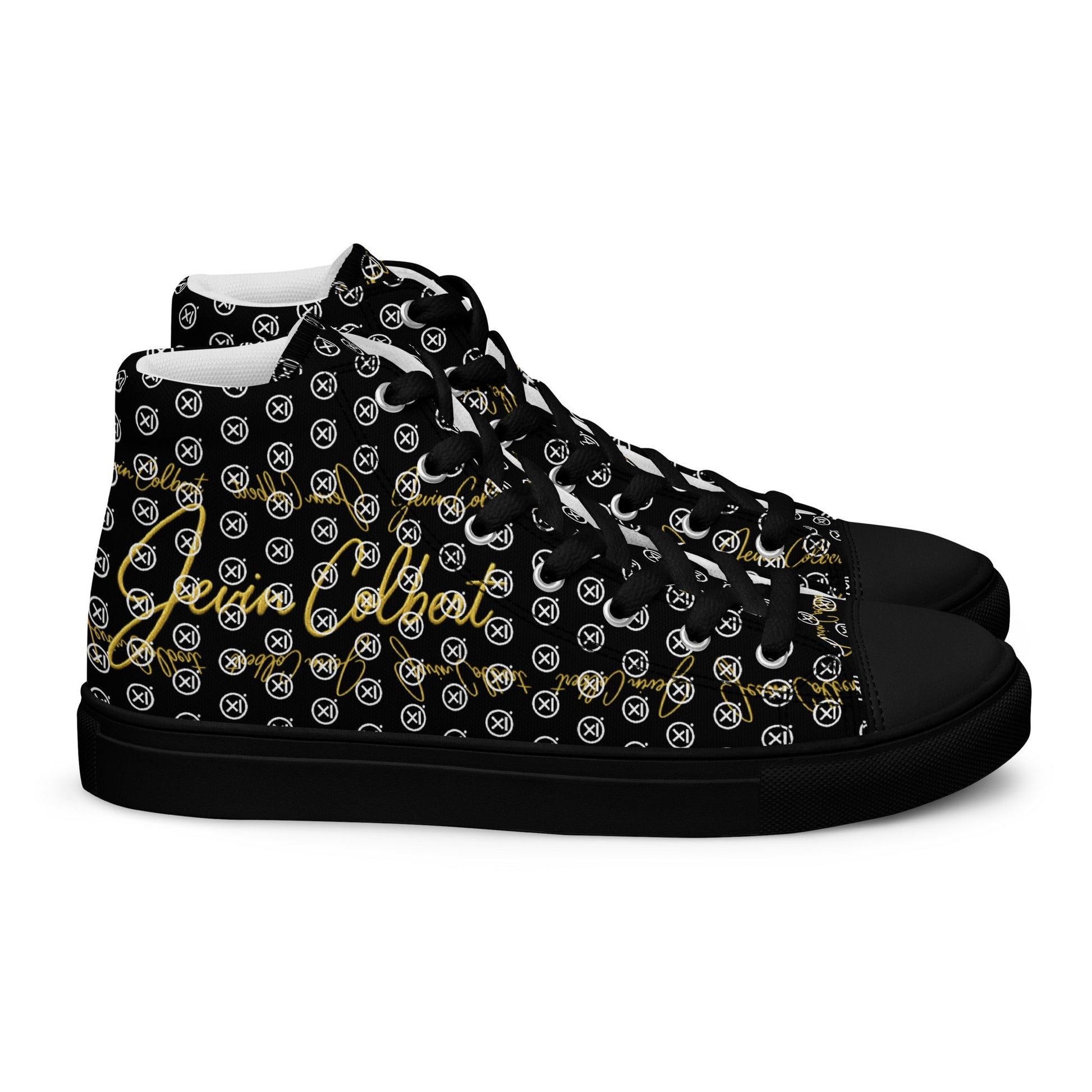 High-top canvas sneakers with black monogram print, black lace-up, padded collar, black rubber sole.