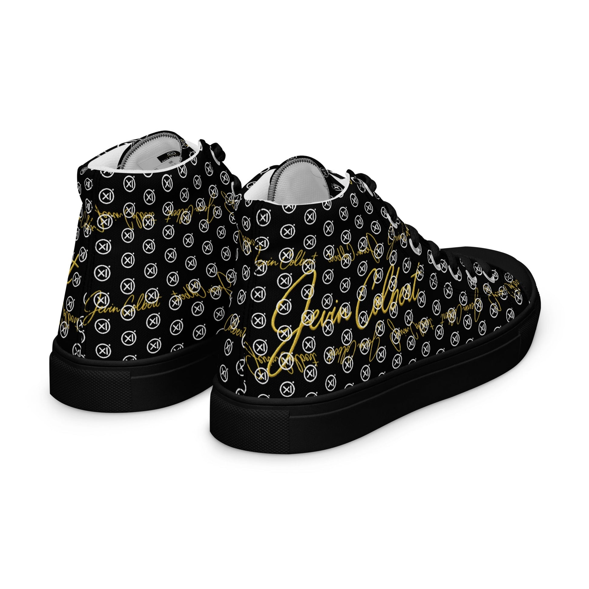 High-top canvas sneakers with black monogram print, black rubber heel, white collar lining.
