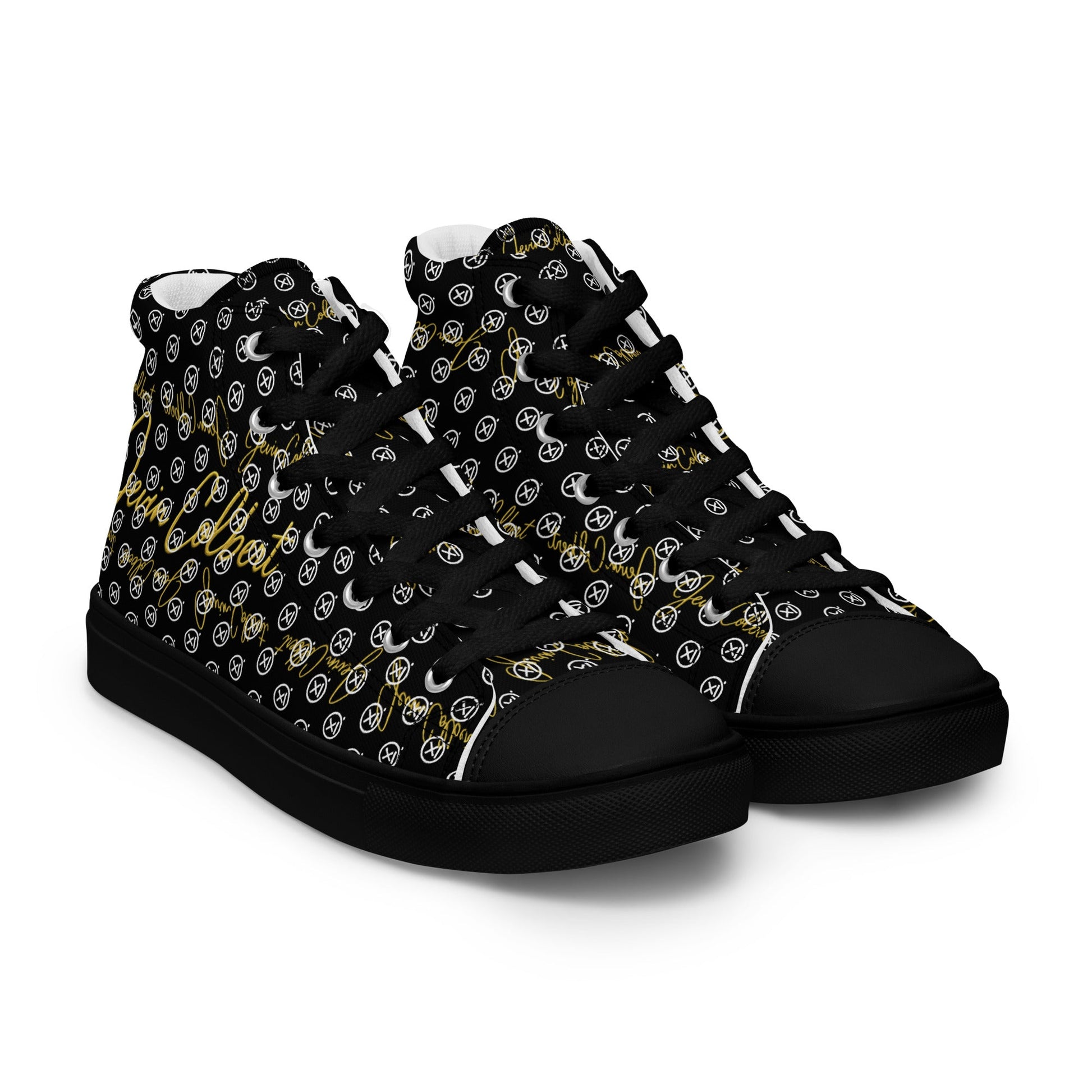 High-top canvas sneakers with black monogram print, black lace-up front, black rubber sole.