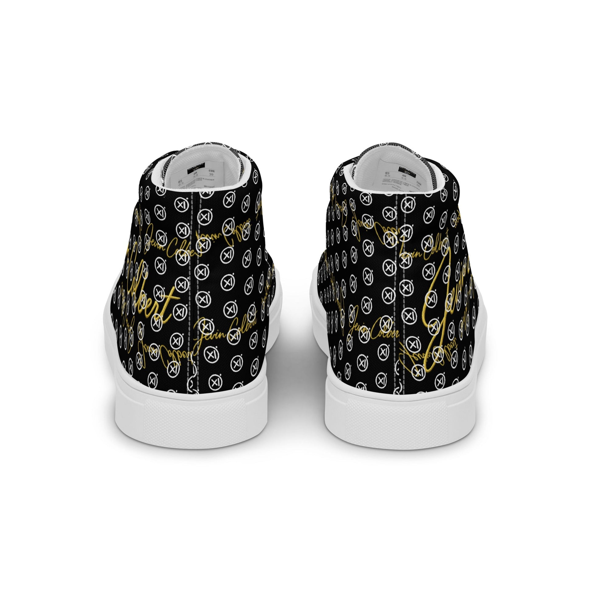 Black high-top canvas sneaker with monogram pattern, white heel tab, white rubber sole