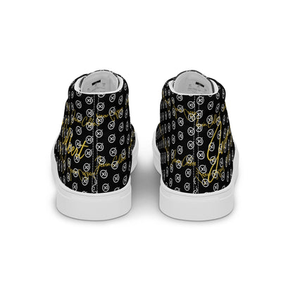 Black high-top canvas sneaker with monogram pattern, white heel tab, white rubber sole