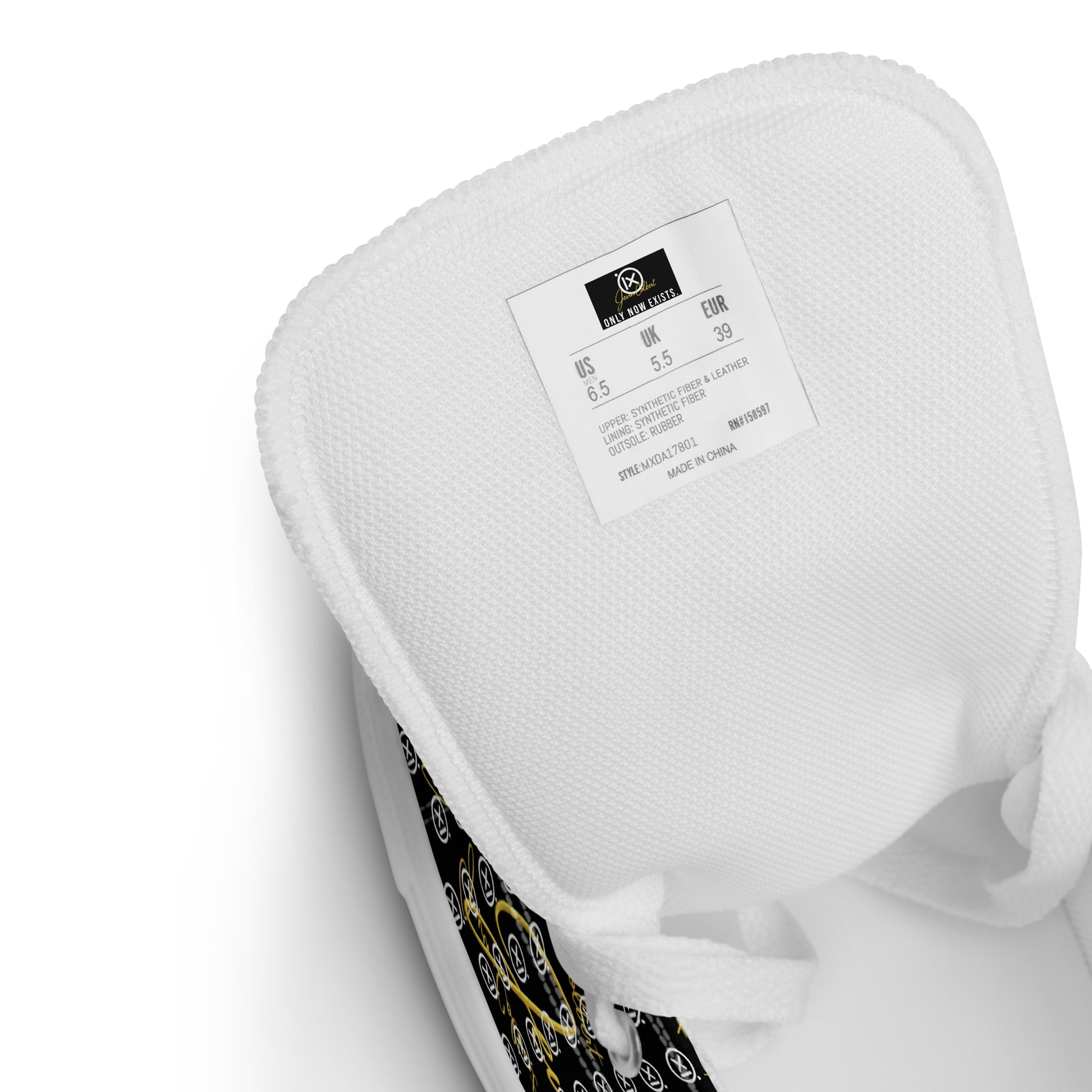 White insole of black monogram high-top canvas sneaker, label on inner footbed