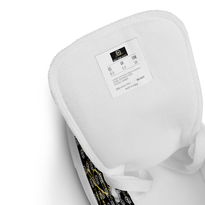 White insole of black monogram high-top canvas sneaker, label on inner footbed