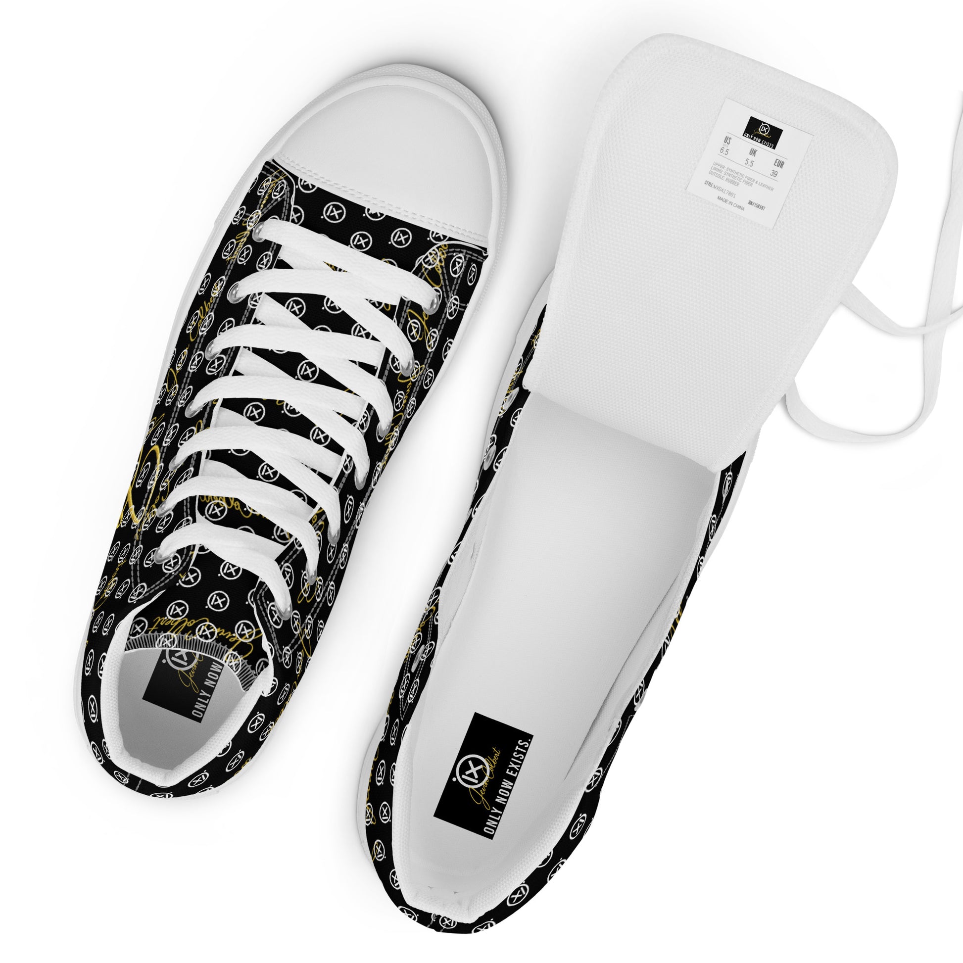 Black high-top canvas sneaker pair with white laces, gold-and-white monogram pattern