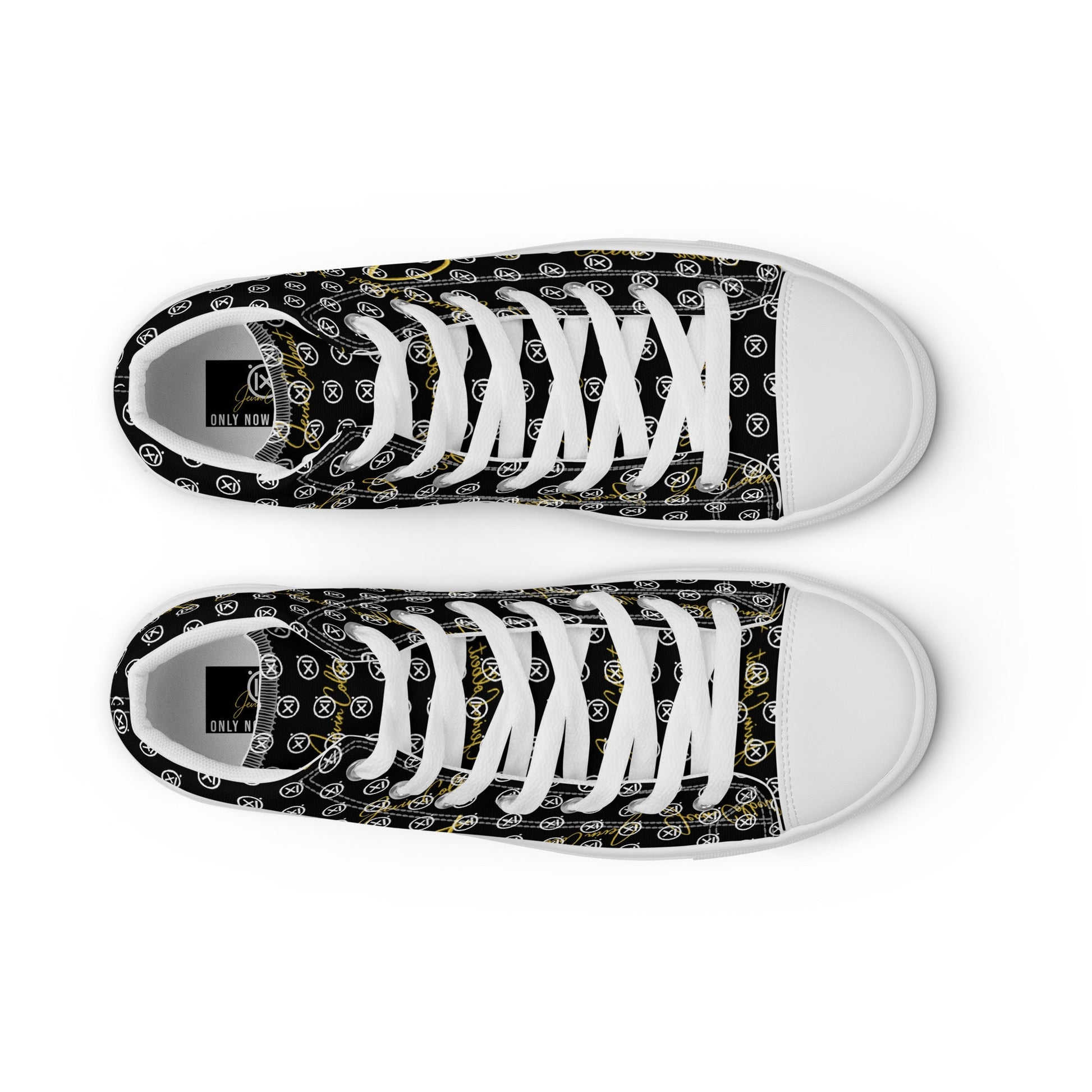Black high-top canvas sneakers with monogram print, white toe caps, white rubber soles
